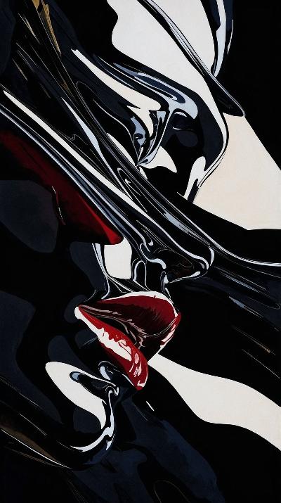 A bold composition where black and white fluid textures cradle a deep crimson highlight, symbolizing passion and hidden emotions. The reflective surface suggests introspection and the allure of the unseen, capturing the delicate balance between vulnerability and strength.