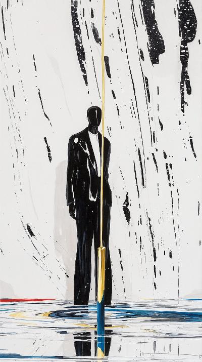 A silhouetted figure in a formal suit emerges amidst chaotic streaks of black and white. The golden stripe divides the composition, acting as both a barrier and a connection. The duality of light and shadow, chaos and order, reflects the balance we seek in our lives. The figure seems grounded by the thread, suggesting that stability can be found even in turbulent times.
Theme: The balance between chaos and harmony.