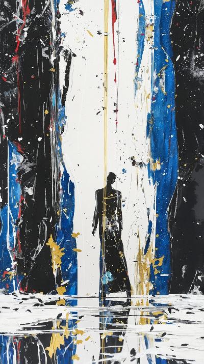 A tall silhouette stands between abstract panels of black, blue, and gold, their figure mirrored in a reflective pool below. The golden thread divides the composition vertically, acting as a symbolic portal between the known and the unknown, the real and the abstract. This piece invites the viewer to reflect on the thresholds we cross in life, both physical and metaphorical.
Theme: Crossing the thresholds of transformation.