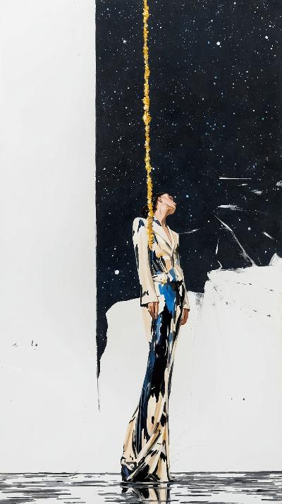 A lone figure stands against a cosmic backdrop of star-like splatters, gazing upward as if tethered to the heavens by the golden thread. Their posture reflects introspection and surrender, suggesting a deep connection to the divine or the unknown. The black-and-white palette, accented by the gold, evokes a sense of timeless elegance and celestial wonder.
Theme: The search for purpose and the connection to the cosmos.