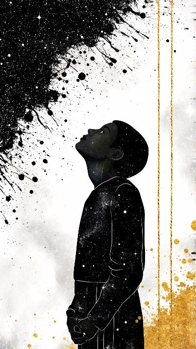 A young boy looks upward into a vast, star-filled cosmos, the black ink-like splatters symbolizing the uncharted possibilities of his imagination. The golden thread beside him represents aspirations yet undefined—dreams that are simultaneously fragile and boundless. His upward gaze reflects the innocence of wonder and the early stages of contemplating one’s place in the universe.