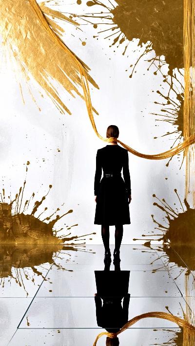 A woman in simple attire, positioned against an abstract canvas of gold splashes, represents the shared humanity of all people. Her back is turned, emphasizing anonymity and the collective nature of her identity. The golden ribbon delicately entwining her suggests the interconnectedness of individual purpose and communal existence, a reminder that even the most ordinary lives are rich with potential meaning.