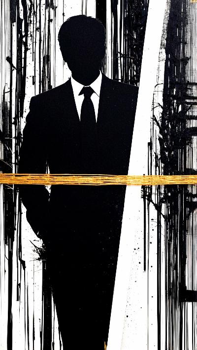 A man in a crisp uniform stands resolute, bisected by golden threads that highlight the rigid structure of societal expectations. His faceless form and sharp lines evoke a sense of duty and conformity, as he wrestles with the tension between individuality and the roles imposed upon him by his environment. The black-and-white palette speaks to duality: ambition versus authenticity.