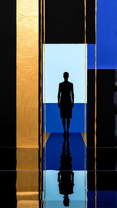 A human form shrouded in shadows emerges against a backdrop of gold and blue—a figure of introspection, suspended between light and darkness. The sharp divisions and reflections mirror the fractured inner state of questioning one’s existence. The golden elements suggest glimpses of clarity and purpose amidst the uncertainty of life’s complexities.